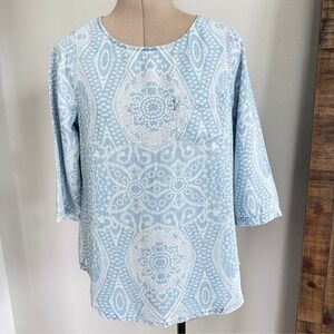 Foxcroft NYC Women's Tunic Top Blue White Medallion Print 3/4 Sleeve Size S